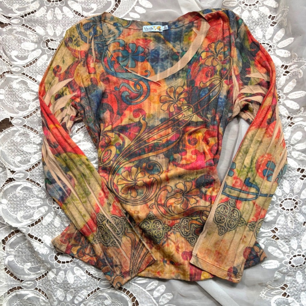 Y2K Psychedelic Unity World Wear XL Long Sleeve Ribbed Paisley Floral Graphic